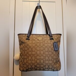 Coach Brown/Khaki Signature Monogram Canvas & Leather trim Tote Bag